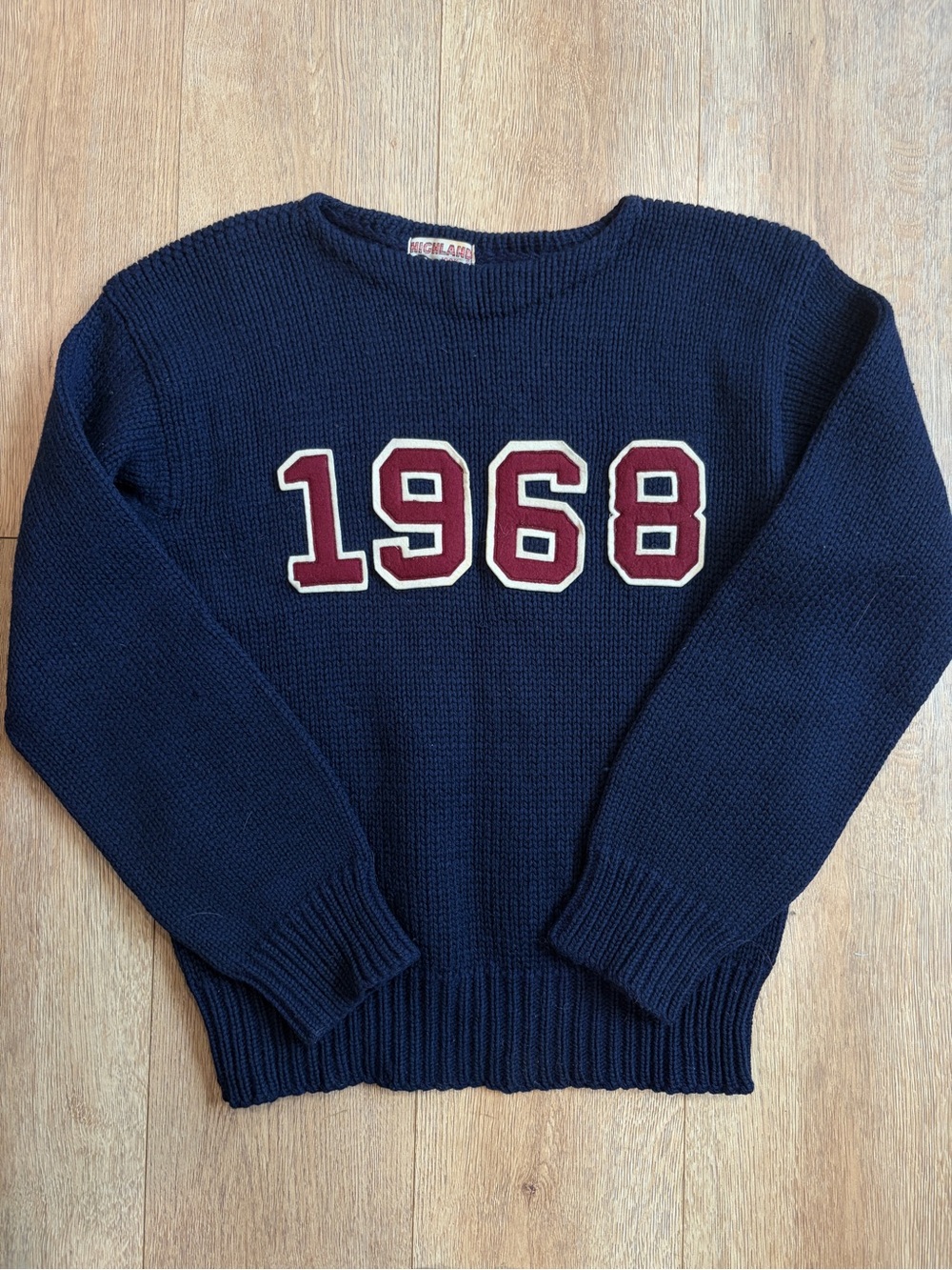 Vintage Highland Knitting Mills 1968 100% Wool Varsity Sweater Navy Large